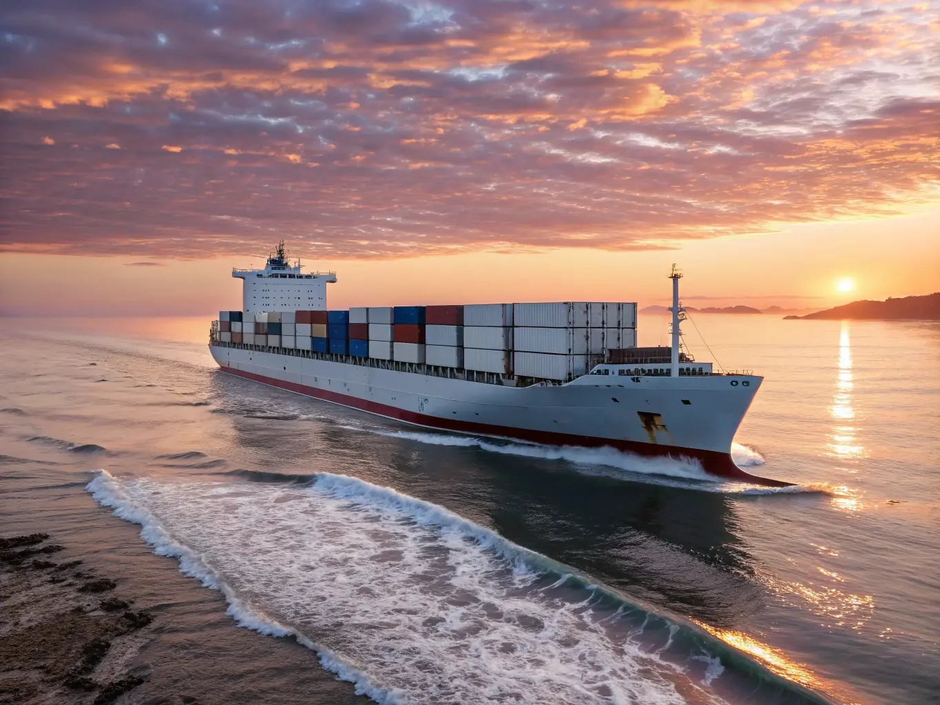 A modern car carrier ship at sea, loaded with various car models, under a clear blue sky, symbolizing international vehicle transport.