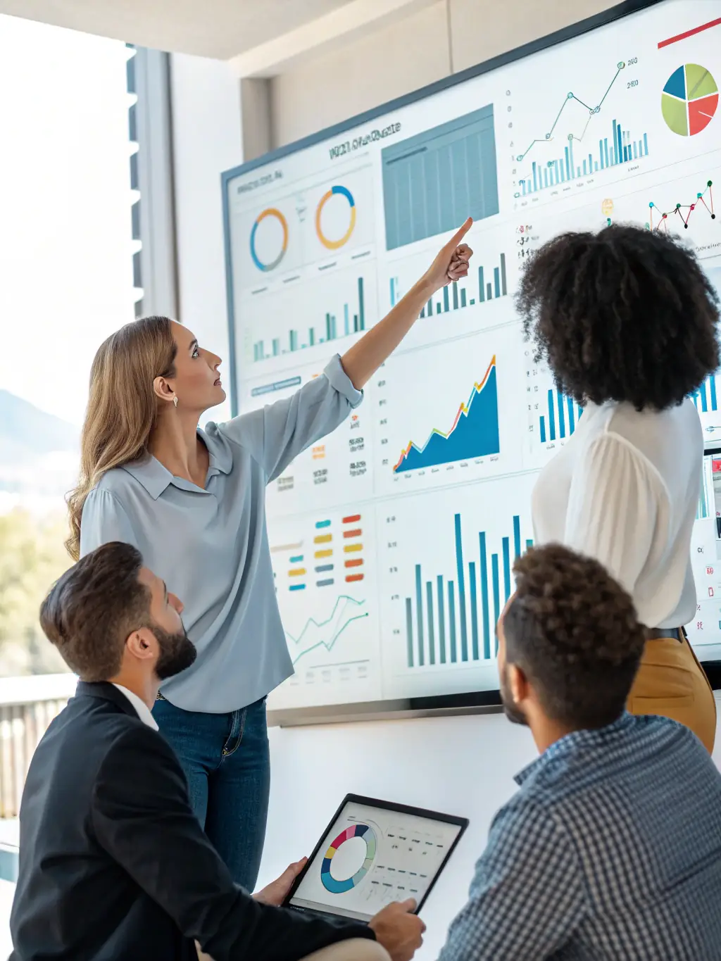 A vibrant image of a business team analyzing automotive sales data on a digital dashboard, showcasing Auto Cars Collection LLC's commercial operations assistance.