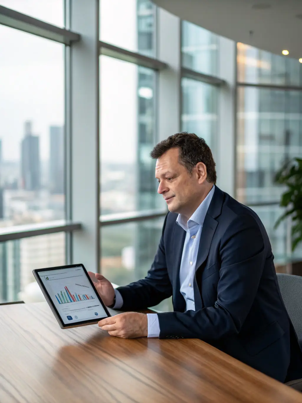 A focused image of a consultant in a modern office, reviewing automotive market data with a client, emphasizing Auto Cars Collection LLC's advisory support services.