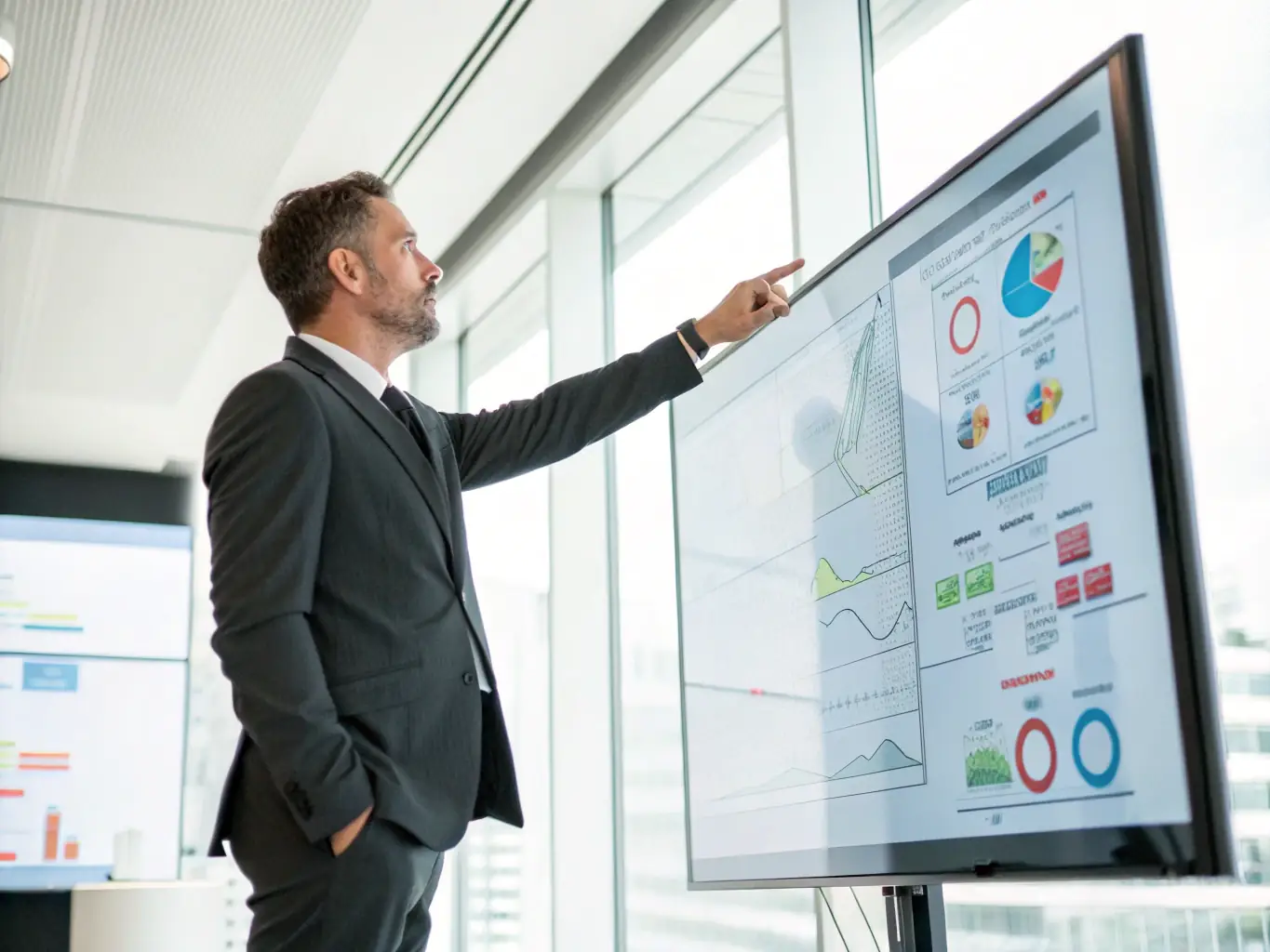 A consultant in a suit advising a client in a modern office, with automotive market data displayed on a large screen.